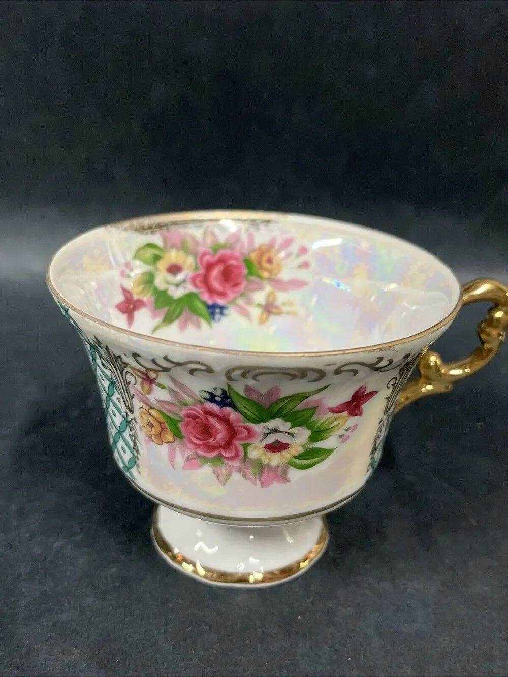 VTG L M Royal Halsey Very Fine Teacup & Saucer Floral Pink Green Gold Iridescent